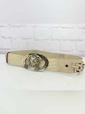 Versace Medusa Crocodile Embossed Leather Belt Beige 85/34 Italy CD9429 Unisex
